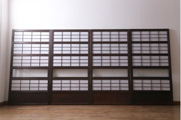 アンティーク建具　裏障子　上品な和の雰囲気漂う格子戸4枚セット(障子戸、帯ガラス戸、引き戸)(R-039038)