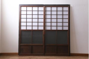アンティーク建具　レトロなガラス入り障子戸2枚セット(ガラス戸、引き戸)(R-039039)