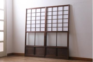 アンティーク建具　レトロなガラス入り障子戸2枚セット(ガラス戸、引き戸)(R-039039)
