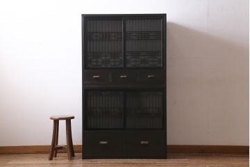 ラフジュ工房オリジナル　古建具リメイク　すりガラス入り　洗練された和の趣漂う重ね戸棚(書院戸、組子、キャビネット、収納棚)(R-039061)