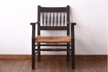 中古　松本民芸家具　SP型ラッシアームチェア　ラッシ座面が目を引くチェア(ラッシチェア、椅子)(R-039093)