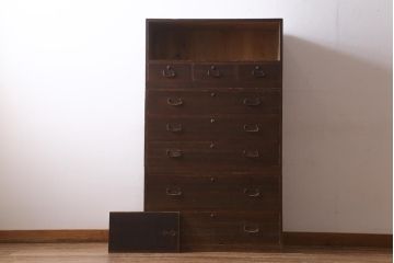 アンティーク家具　昭和レトロ　桐材　懐かしさ漂うシンプルな作りの重ねタンス(衣装箪笥、戸棚、引き出し、桐箪笥、桐たんす)(R-039105)