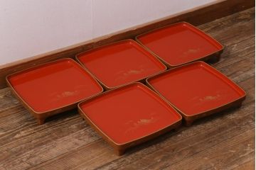アンティーク雑貨　時代物　大正昭和初期　蒔絵　亀図　漆器　角盆　お膳5枚セット(R-039109)