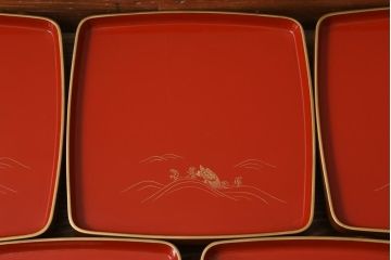 アンティーク雑貨　時代物　大正昭和初期　蒔絵　亀図　漆器　角盆　お膳5枚セット(R-039109)
