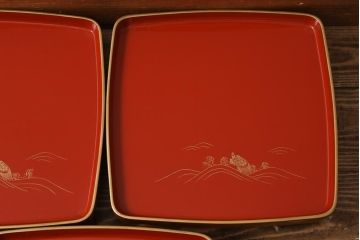 アンティーク雑貨　時代物　大正昭和初期　蒔絵　亀図　漆器　角盆　お膳5枚セット(R-039109)