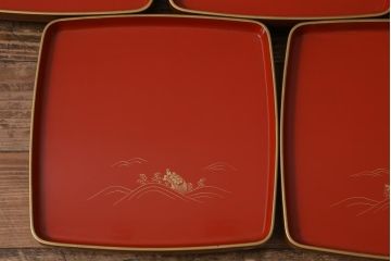 アンティーク雑貨　時代物　大正昭和初期　蒔絵　亀図　漆器　角盆　お膳5枚セット(R-039109)