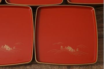 アンティーク雑貨　時代物　大正昭和初期　蒔絵　亀図　漆器　角盆　お膳5枚セット(R-039109)