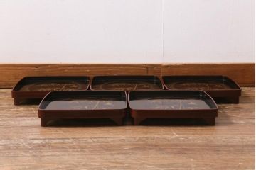 アンティーク雑貨　時代物　大正昭和初期　蒔絵　竹と雀図　漆器　角盆5枚セット(R-039110)