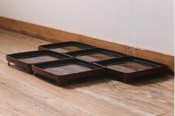 アンティーク雑貨　時代物　大正昭和初期　蒔絵　竹と雀図　漆器　角盆5枚セット(R-039111)