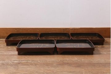 アンティーク雑貨　時代物　大正昭和初期　蒔絵　竹と雀図　漆器　角盆5枚セット(R-039111)