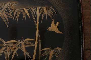 アンティーク雑貨　時代物　大正昭和初期　蒔絵　竹と雀図　漆器　角盆5枚セット(R-039111)