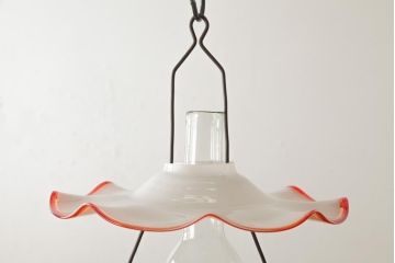 アンティーク雑貨　レトロ雑貨　3分芯　赤縁フリルガラスシェードのオイルランプ(吊り下げランプ)(R-039115)