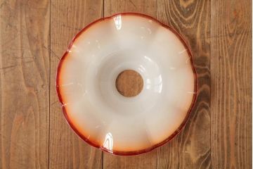 アンティーク雑貨　レトロ雑貨　3分芯　赤縁フリルガラスシェードのオイルランプ(吊り下げランプ)(R-039115)