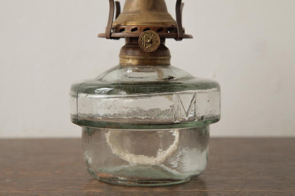 アンティーク雑貨　レトロ雑貨　5分芯　アルミシェードのオイルランプ(吊り下げランプ)(R-039116)