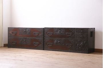 アンティーク家具　和製アンティーク　明治大正期　前面桐材　細かな透かし金具が目を引く佐渡箪笥(八幡箪笥、衣装箪笥、引き出し、チェスト、桐箪笥、桐たんす)(R-039190)
