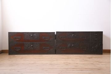 アンティーク家具　和製アンティーク　明治大正期　前面桐材　細かな透かし金具が目を引く佐渡箪笥(八幡箪笥、衣装箪笥、引き出し、チェスト、桐箪笥、桐たんす)(R-039190)