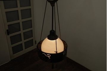 アンティーク照明　激レア!　アールデコ調の装飾が魅力的な球体ガラスのペンダントライト(天井照明、吊り下げ照明)(R-039195)