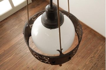 アンティーク照明　激レア!　アールデコ調の装飾が魅力的な球体ガラスのペンダントライト(天井照明、吊り下げ照明)(R-039195)