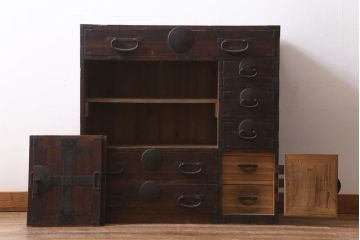 アンティーク家具　和製アンティーク　明治期　三方桐材　古い物ならではの質感が渋さただよう帳場箪笥(時代箪笥、収納棚、桐箪笥、桐たんす)(R-039231)