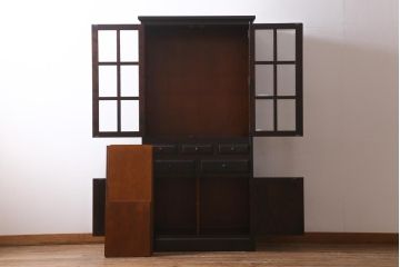 中古　北海道民芸家具　HM160K　落ち着いた色味が魅力の上質なつくりの食器棚(キャビネット、本箱)(R-039240)