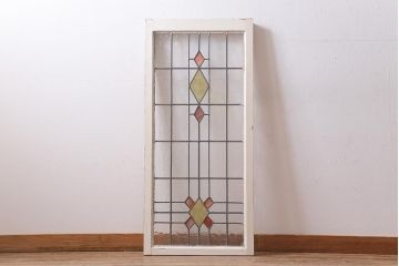 アンティーク建具　イギリスアンティーク　2色のカラーガラスが可愛らしいステンドグラスのペイントフィックス窓・大(明り取り)(R-39246)