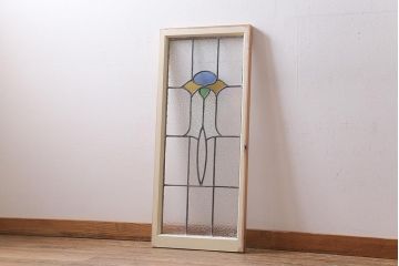 アンティーク建具　イギリスアンティーク　3色のカラーガラスがアクセントになったステンドグラスのペイントフィックス窓(明り取り)(R-39248)