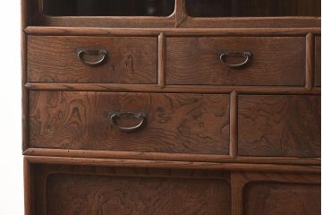 アンティーク家具　真鍮金具　三方ケヤキ材　前面玉杢の上質な茶棚(茶箪笥、収納棚、キャビネット)(R-039249)