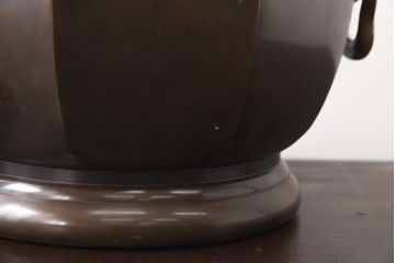 アンティーク雑貨　古民具　大正期　鶴紋　耳付銅製火鉢・箱付き(手炙り)(R-039258)