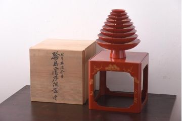 大正昭和初期　共箱　松竹梅沈金　輪島塗九ツ組盃・台付き(漆器、酒器、杯)(R-039259)