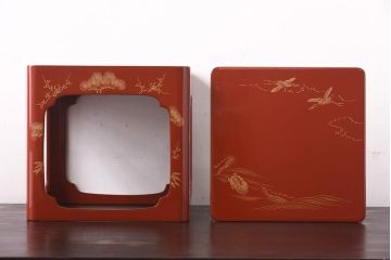 大正昭和初期　共箱　松竹梅沈金　輪島塗九ツ組盃・台付き(漆器、酒器、杯)(R-039259)