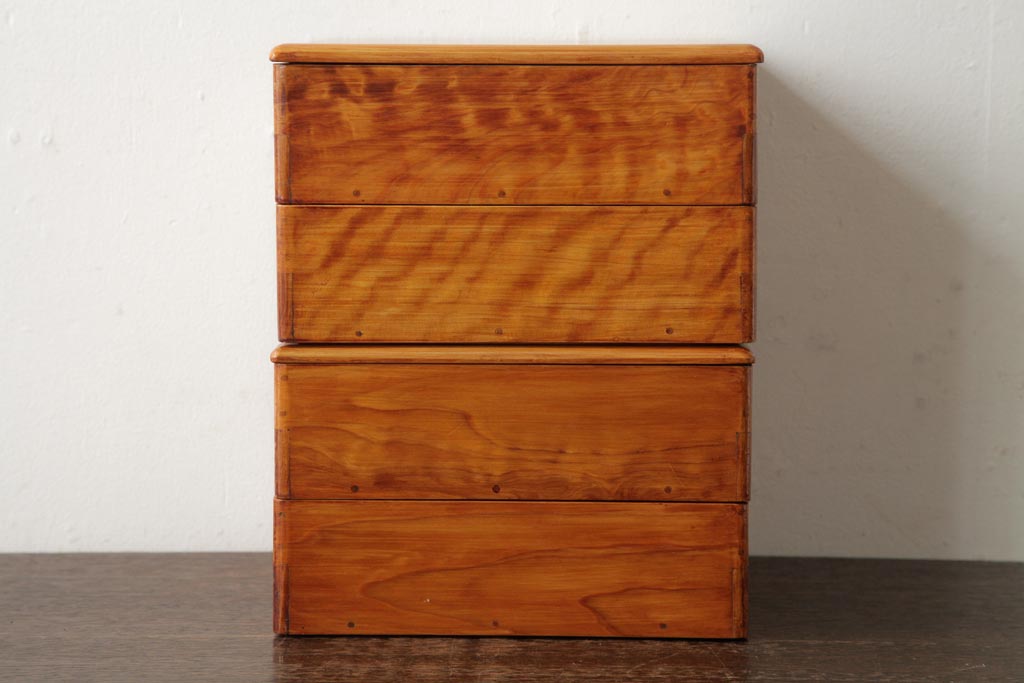 アンティーク雑貨　古民具　大正昭和初期　外箱付き　春慶塗が美しい重箱(お重)(R-039281)