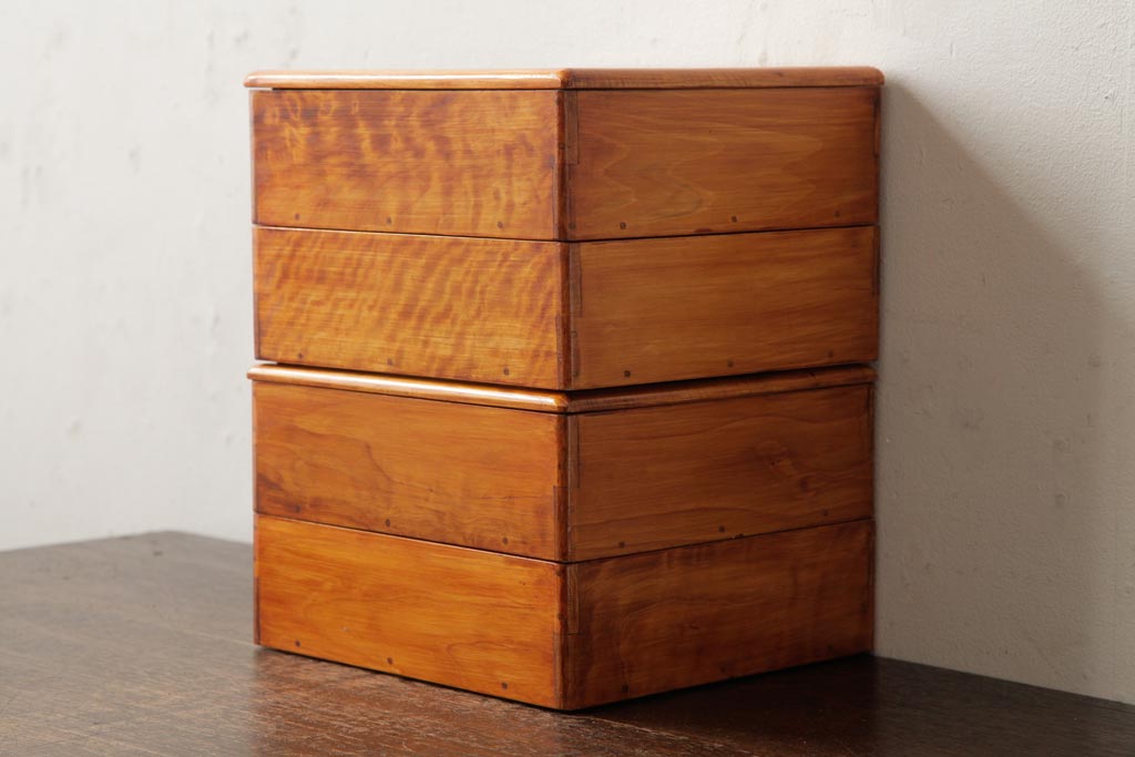 アンティーク雑貨　古民具　大正昭和初期　外箱付き　春慶塗が美しい重箱(お重)(R-039281)