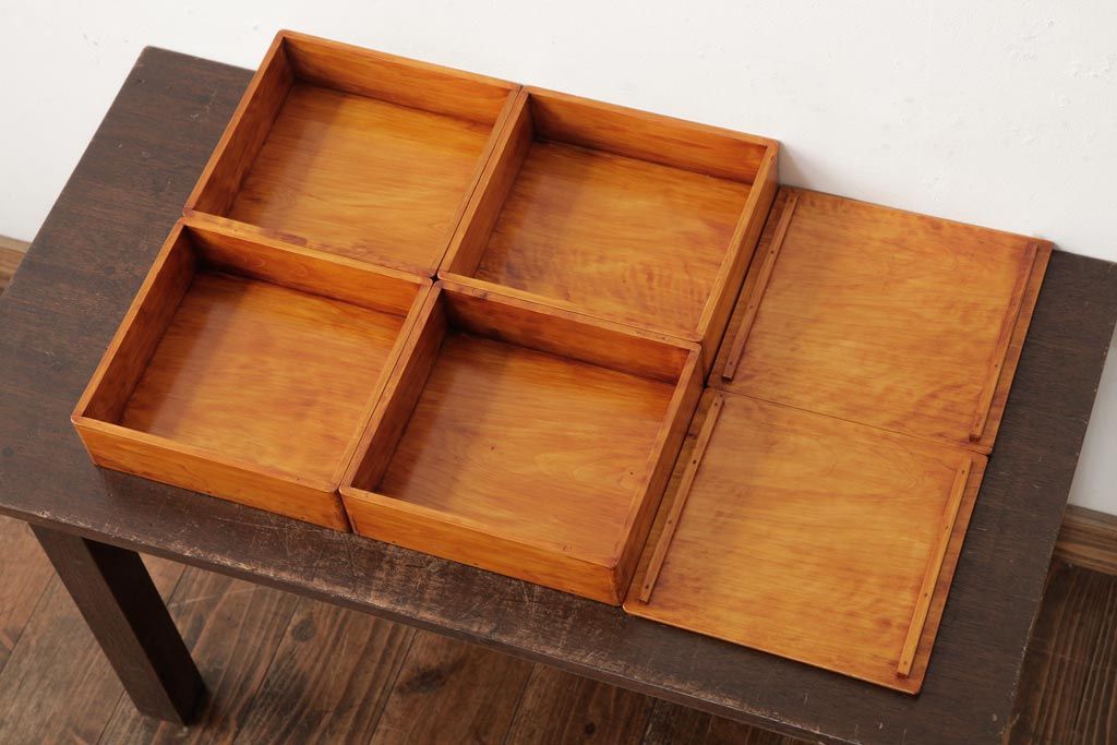 アンティーク雑貨　古民具　大正昭和初期　外箱付き　春慶塗が美しい重箱(お重)(R-039281)