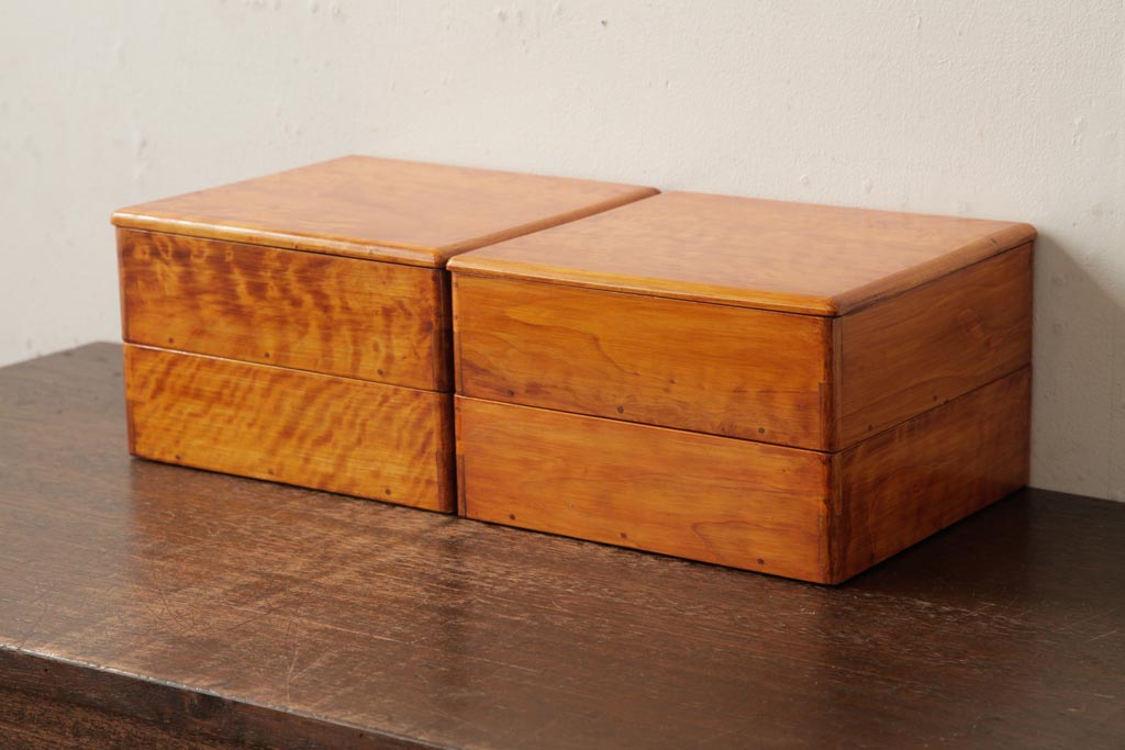 アンティーク雑貨　古民具　大正昭和初期　外箱付き　春慶塗が美しい重箱(お重)(R-039281)