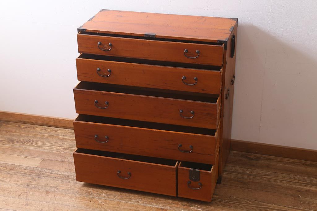 アンティーク家具　和製アンティーク　飛騨高山　春慶塗が施された明治大正期の衣装箪笥(引き出し、チェスト、時代箪笥)(R-039283)