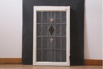 アンティーク建具　イギリスアンティーク　2色のカラーガラスが可愛らしいステンドグラスのペイントフィックス窓・小(明り取り)(R-39291)