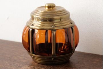 アンティーク雑貨　アメリカビンテージ　オレンジのガラスが目を引くキャンディポット(蓋付き器、小物入れ)(R-039323)