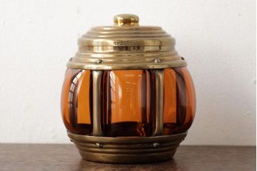 アンティーク雑貨　アメリカビンテージ　オレンジのガラスが目を引くキャンディポット(蓋付き器、小物入れ)(R-039323)