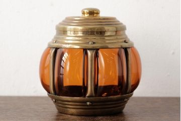 アンティーク雑貨　アメリカビンテージ　オレンジのガラスが目を引くキャンディポット(蓋付き器、小物入れ)(R-039323)