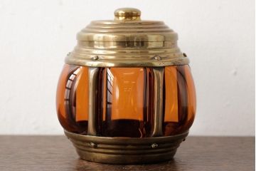 アンティーク雑貨　アメリカビンテージ　オレンジのガラスが目を引くキャンディポット(蓋付き器、小物入れ)(R-039323)