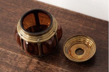 アンティーク雑貨　アメリカビンテージ　オレンジのガラスが目を引くキャンディポット(蓋付き器、小物入れ)(R-039323)
