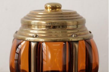 アンティーク雑貨　アメリカビンテージ　オレンジのガラスが目を引くキャンディポット(蓋付き器、小物入れ)(R-039323)