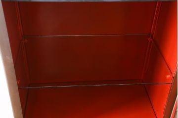 ヴィンテージ家具 フランスビンテージ メディカル シルバーのボディに黄味がかった赤のペイントが格好良いメタルキャビネット(ガラスケース、陳列棚、収納棚)(R-039341)