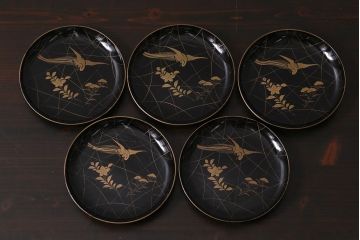 アンティーク雑貨　和製アンティーク　桔梗鳥蒔絵木製菓子皿5枚セット(木皿、漆器)(R-039367)