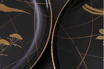 アンティーク雑貨　和製アンティーク　桔梗鳥蒔絵木製菓子皿5枚セット(木皿、漆器)(R-039367)