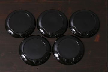 アンティーク雑貨　和製アンティーク　5.6寸桔梗鳥蒔絵木製菓子皿5枚セット(木皿、漆器)(R-039368)