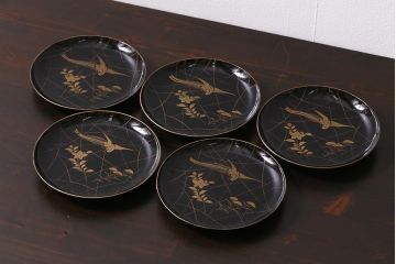アンティーク雑貨　和製アンティーク　5.6寸桔梗鳥蒔絵木製菓子皿5枚セット(木皿、漆器)(R-039368)