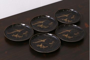 アンティーク雑貨　和製アンティーク　5.6寸桔梗鳥蒔絵木製菓子皿5枚セット(木皿、漆器)(R-039368)