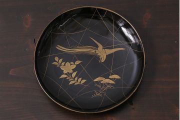 アンティーク雑貨　和製アンティーク　5.6寸桔梗鳥蒔絵木製菓子皿5枚セット(木皿、漆器)(R-039368)