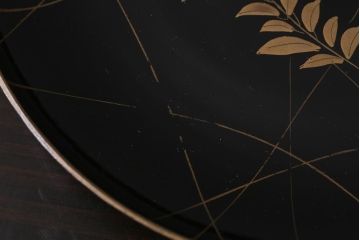 アンティーク雑貨　和製アンティーク　5.6寸桔梗鳥蒔絵木製菓子皿5枚セット(木皿、漆器)(R-039368)